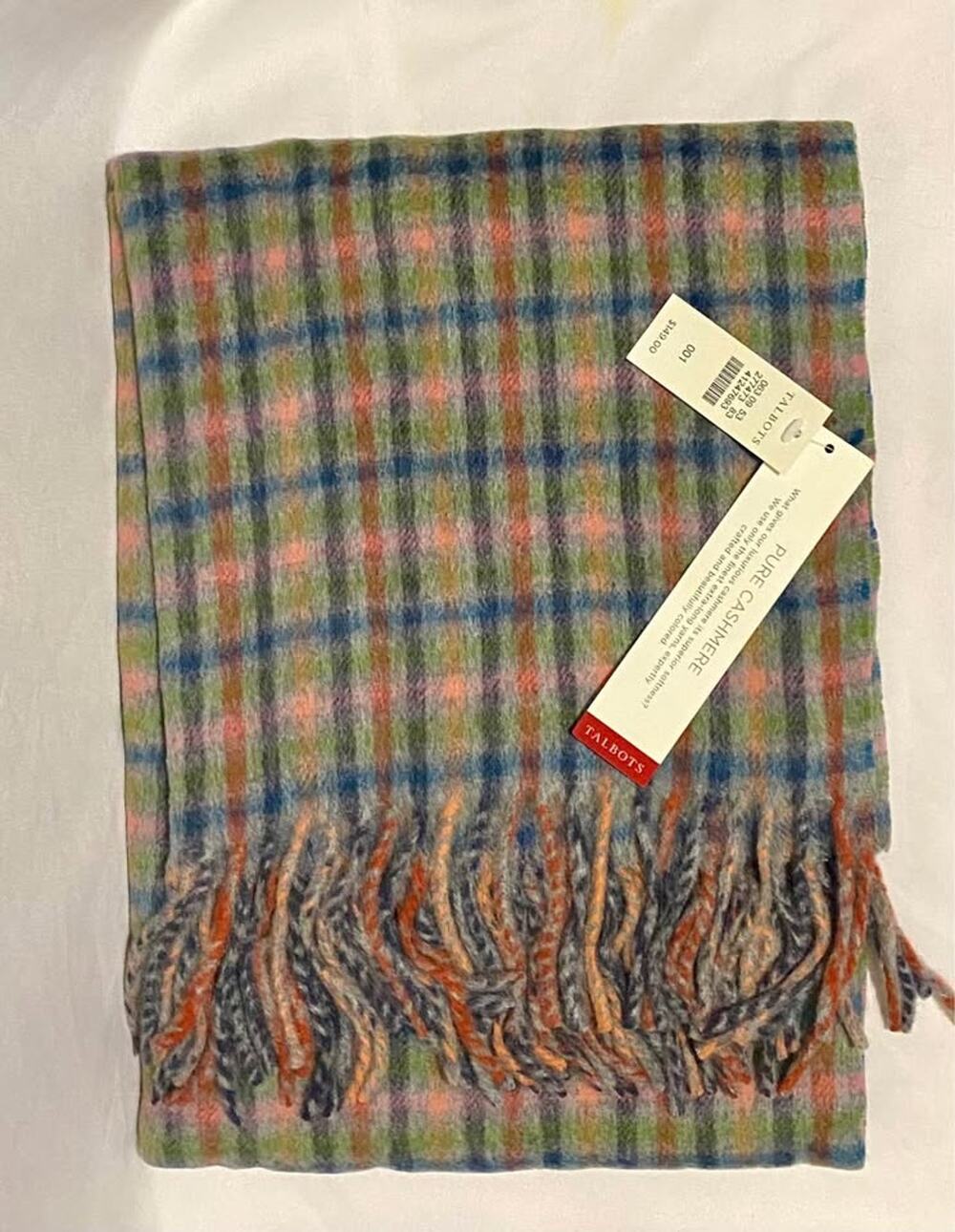 Talbots 100% Cashmere Plaid Fringe Scarf Multicolor NWT